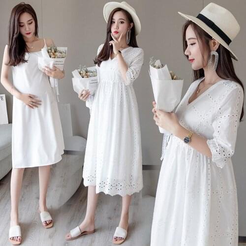 2021 NEW V Neck High Waist Slim Maternity Party Dress Sweet Lovely Hollow Out Cotton Clothes for Pregnant Women Summer Pregnancy