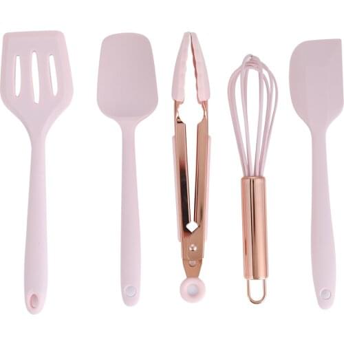 5pcs Silicone Kitchen Utensil Spatula Scraper Egg Beater Cooking Tools Kitchenware Mini Baking Spatula Whisk Rose Gold Handle