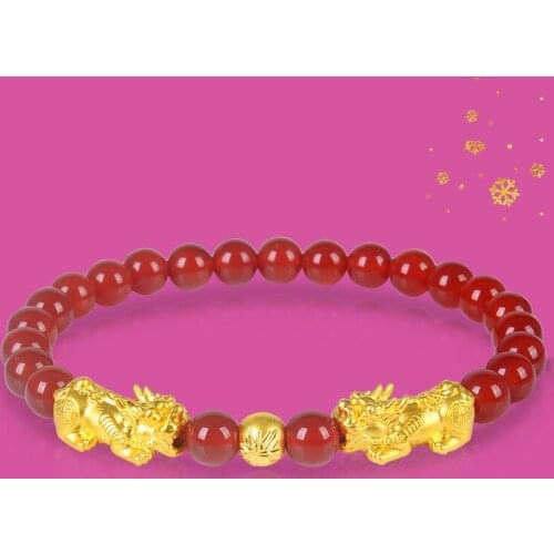 Pure 999 24K Yellow Gold Pixiu with 6mmW Red Agate Bead Bracelet 6.3inch Women Bracelet