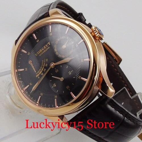CORGEUT Automatic Men Wristwatch Black Dial Leather Band Power Reserve Date Indicator Rose Gold Coated Case