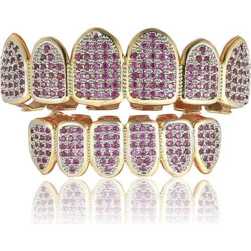 Bling Iced Out Micro Pave Rose Red Cubic Zirconia Gilded Teeth Grillz Hip Hop Men Jewelry Gift Cosplay Jewelry
