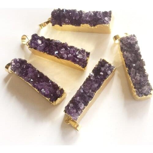 FUWO Natural Amethystine Bar Pendant Gold Electroplate Rectangle Purple Crystal Quartz Pendant Jewelry Wholesale PD035