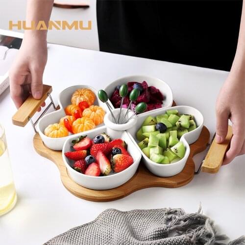 Heart Shaped Fruit Platter Candy Snack Dry Fruit Bowl Ceramic Pastry Nuts Bowl with Fork Household Wood Trays for Snack тарелки