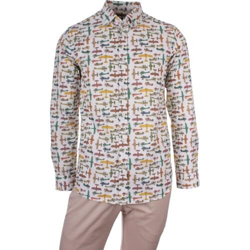 Gentilbay Mens Printed White Slimfit Long-Sleeve Sport Shirt DPD146