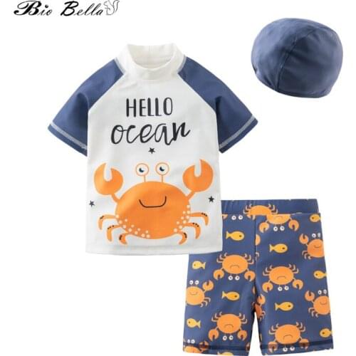 Kids Boy Clothes Set Cool Crab Design Short Sleeve Summer Beach Surfing Children Boys Overalls Swimsuit With Cap