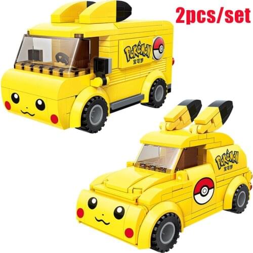 Hot Cartoon Anime Pokemon Pikachu Cute Car Bus Model Building Blocks Bricks Sets Classic Movie Dolls Kids Toys For Children Gift