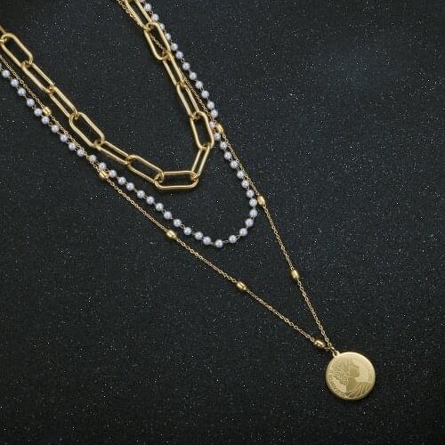 Fashion Multi Layered Bead Pearl Necklace Coin Pendant Necklace Chain Link Choker Necklace For Women