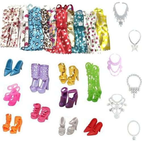 NK Hot Sell 26 Item=10 Pcs Mix Party Clothes Fashion Dress+6 Plastic Necklac+10 Pair Shoes For Barbie Doll Accessories DZ