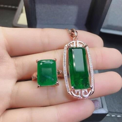 Real Natural Emerald jewelry set Natural Real Emerald 925 sterling silver 1pc pendant,1pc ring