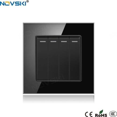 NOVSKI Black Luxury Pop Switch Wall 4 Gang Power On Off Rocker Switch 110 - 250V, Double Control Fluorescent Panel