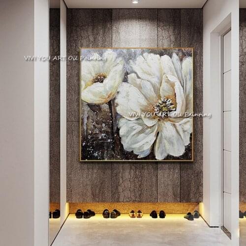The Hot Large Flower Handmade Canvas Painting Modern White Plant Artwork Pictures Thick Oil Wall Art for Home Office Decoration