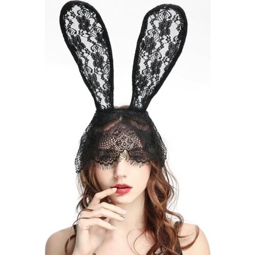 Charm Sexy Unisex Blindfold Eye Satin Lace Hollow Mask Cosplay Bunny Ears Veil Rabbit Ear Headbands Halloween Party Accessories