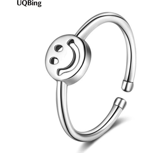 Simple Round Sterling Silver 925 Smiley Adjustable Rings For Women Cocktail Rings Vintage Jewelry