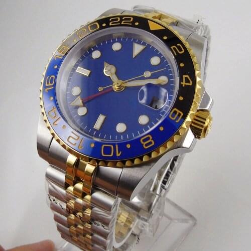 Blue 40mm Mechanical Wristwatch Men Sapphire Glass GMT Date Jubilee Band Rotating ceramic Bezel