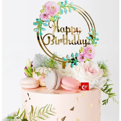 Colorful flower print style happy birthday cake topper mirror gold acrylic cake toppers cake decorating party supplies