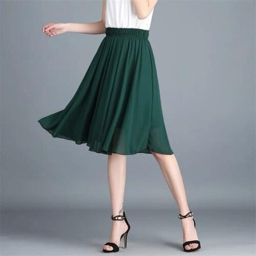 Plus Size Woman Summer Chiffon Skirts M-6XL 7XL Elastic High Waist A-line Skirts Women Midi Skirt White Black Red Blue