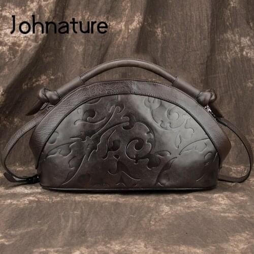 Johnature Retro Women Bag 2020 New Handmade Genuine Leather Luxury Handbags Large Capacity Cowhide Shoulder & Crossbody Bags
