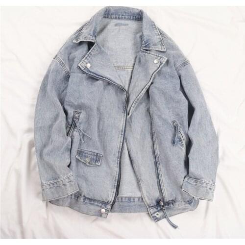 Vintage Washed Blue Zipper Denim Jacket Women Spring Korean Outerwear Oversized Loose Long sleeve Short Jeans Jacket Coat Female
