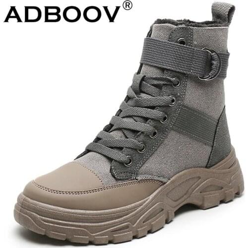 ADBOOV High Top Canvas Shoes Women Short Plush Winter Boots Ladies Canvas Sneakers