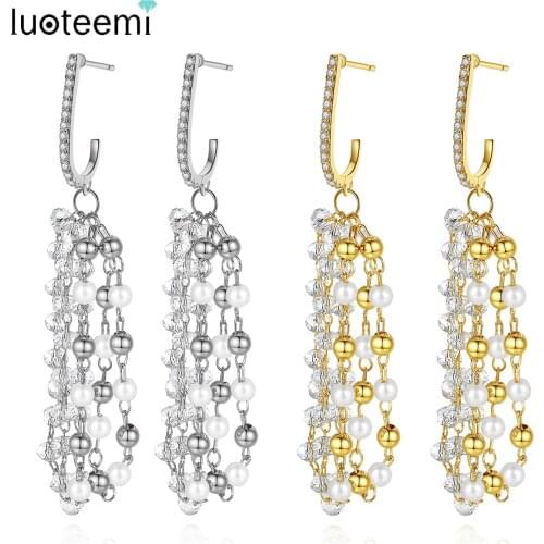 LUOTEEMI Long Tassel Drop Earrings Crystal CZ Stone Imitation Pearls Fashion Jewelry for Women Dating Party Christmas Gifts