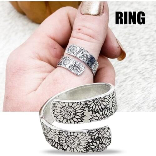 Retro Sunshine Flower Ring Womens Adjustable Open Ring Sunflower Shape Jewelry Gift for Girl FS99