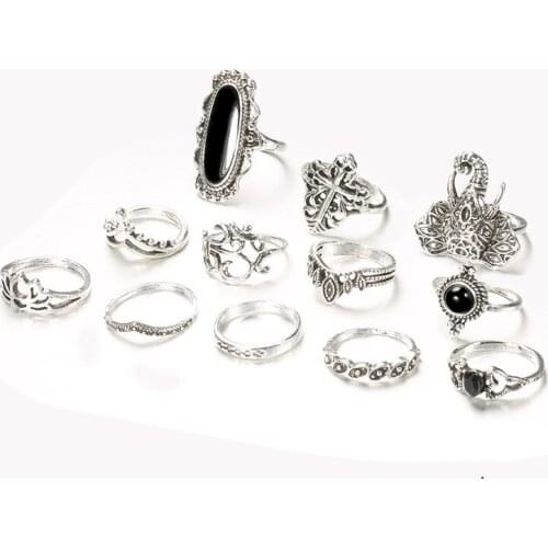 144 Pieces/Lot Elephant Cross Lotus Leaf Crown Antique Silver Color Hollow Totem Ring Set Women Middle Knuckle Finger Jewelry
