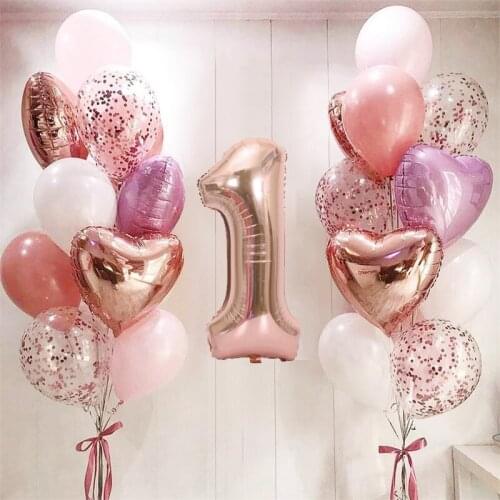 20pcs/set Rose Gold Number Aluminium Foil Balloons Confetti Latex Balls Birthday Party Baby Shower Wedding Anniversary Decoratio