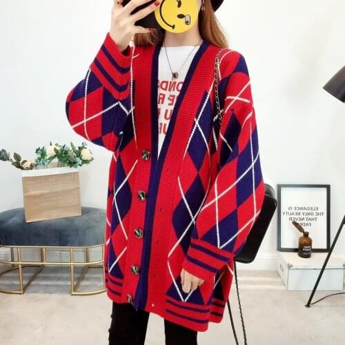 2019 Autumn Winter New Pattern Suit-dress Knitting Unlined Garment Cardigan Korean Diamond Sweater Easy Joker Loose Coat Tide