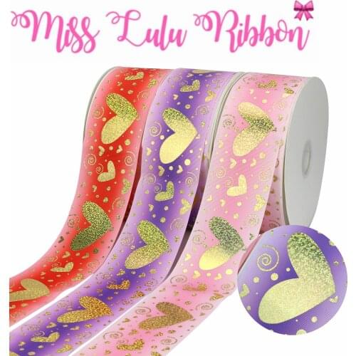 3"75mm Hologram Gold Foil Sweet Heart Pink Gradient Color Printed Grosgrain Ribbon DIY Bowknots Hair Band Making 50yards/roll