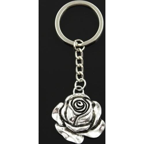 Fashion 30mm Key Ring Metal Key Chain Keychain Jewelry Antique Bronze Silver Color Plated Rose Flower 36x33mm Pendant