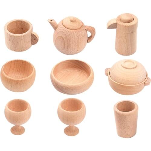 Natural Wooden Beech Tea Set Kids Children Kitchen Party Role Play Toy Gift Coffee Cup Unpainted Wine Glass Casserole Kettle