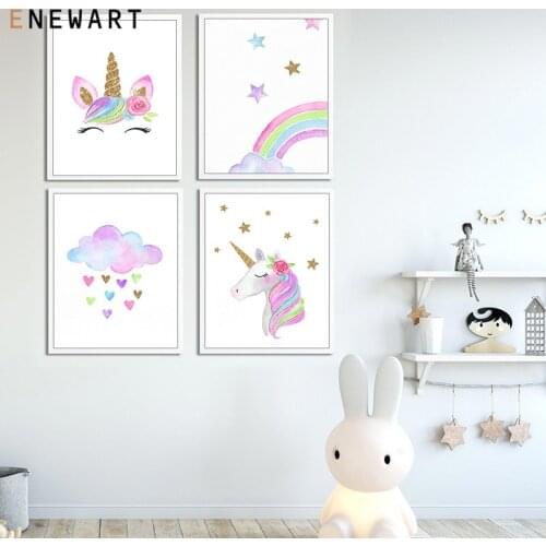 Children Poster Baby Girl Nursery Wall Art Cloud Horse Rainbow Canvas Print Cartoon Painting Nordic Kid Bedroom Decor Picture