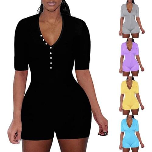 Women Jumpsuit New Solid Color Base Slim Fit Sexy Button V-neck Playsuit One-piece Jumpsuit Top Overalls For Women Боди Женское