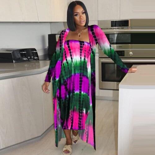 Gradient Tie Dyeing Print 2 Two Piece Club Outfits Strapless Bohemian Maxi Dress+extra-long Open Stitch Plus Size Matching Set