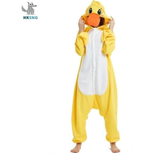 HKSNG Adult Kigurumi Yellow Duck Onesie Cartoon Fleece Pajamas Animal Halloween Party Costume Jumpsuits Hooded Pyjamas