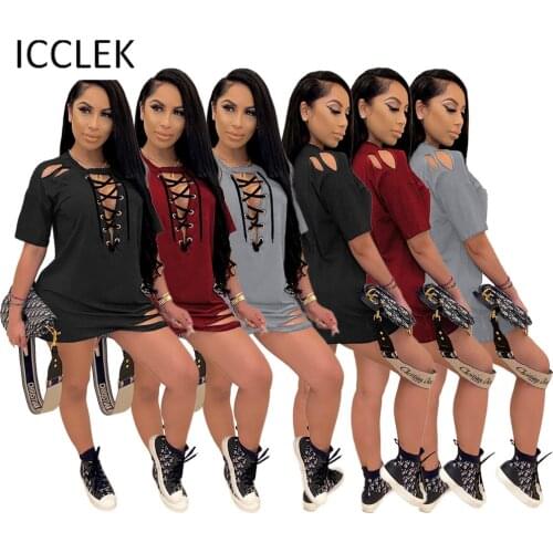 ICCLEK Wholesale Items Plus Size Summer Women Dress Solid Hollow Bandage Hole Club Clothes Ladies Half-Length Dress Vestidos