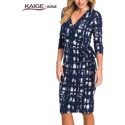 Kaige.Nina New Womens Fashion Office Lady print V-neck Knee Autumn Straight Dress With Full Sleeves 18003