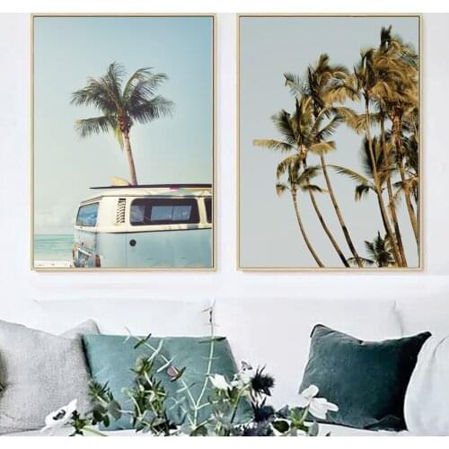Coconut Tree Palm Leaf Bus Sea Landscape Wall Art Canvas Painting Nordic Posters And Prints Wall Pictures For Living Room Decor