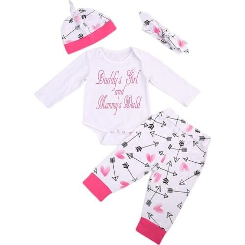 Pudcoco US Stock 4PCS Newborn Baby Girls Clothes Playsuit Letter Print Long Sleeve Romper Pants Outfit Set 0-18M