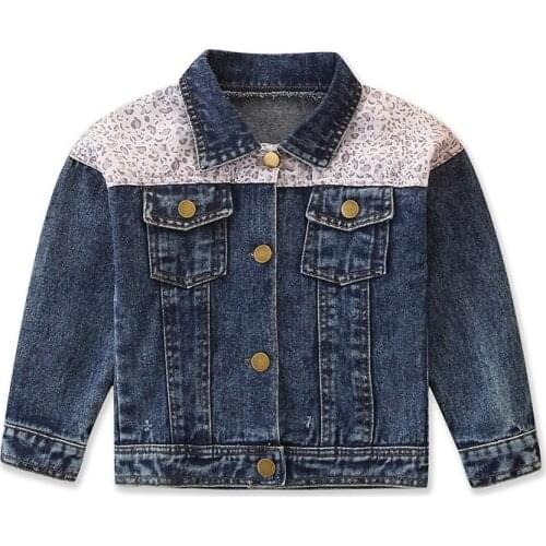 2-6Y Top and Top Spring Autumn Kids Casual Denim Jacket Girls Ripped Holes Leopard Coats Girls Denim Outerwear Costume