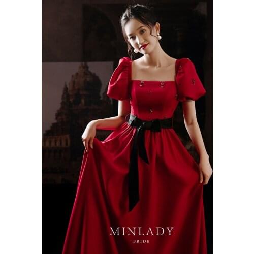Toast Dress Bride New Womens Summer Vintage Satin Wedding Dress Red Dress evening dresses long dress