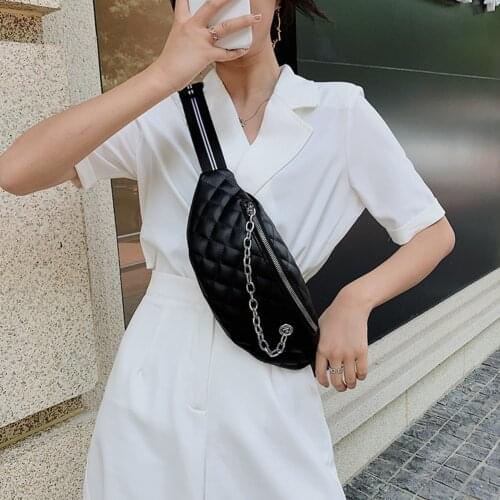 Lattice Pattern Chain Waist Bags PU Zipper Fanny Ladies Fashion Women Casual Elegant Lightweight Daily Pack Chest Pouch