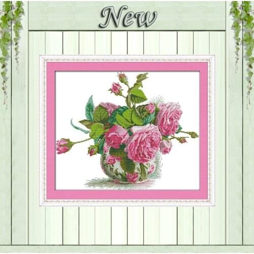 Romantic pink rose vase Beautiful Flower bonsai counted print on canvas DMC 11CT 14CT Cross Stitch kit needlework embroidery Set