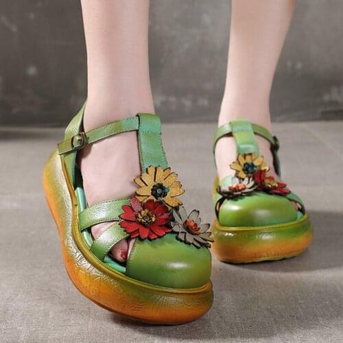 Women Shoes 2021 New Summer Sandals Genuine Leather Buckle Strap Casual Retro Wedges Flower Platform Ladies Sandalias De Mujer