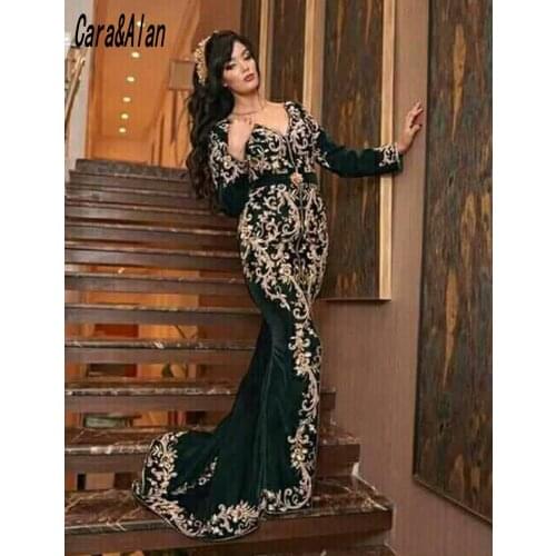 Dark Green Aso Ebi Evening Dresses Long Sleeve Lace Applique Beaded Moroccan Kaftan Mermaid Prom Dress Robe De Soirée De Mariage