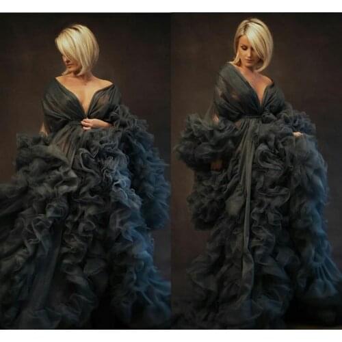 Maternity Evening Dresses Navy Robe Tiered Ruffles Photoshoot Babyshower Bathrobe Maternity Ruffle Kimono Party Birthday Dress