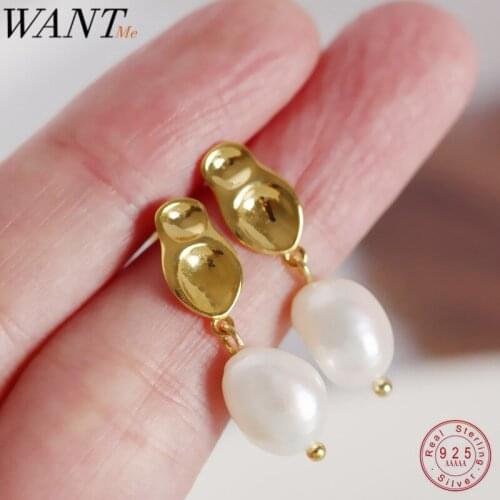 WANTME Fashion INS Baroque Minimalist Irregular Geometric Pearl Drop Earrings for Women Genuine 100% 925 Sterling Silver Jewelry