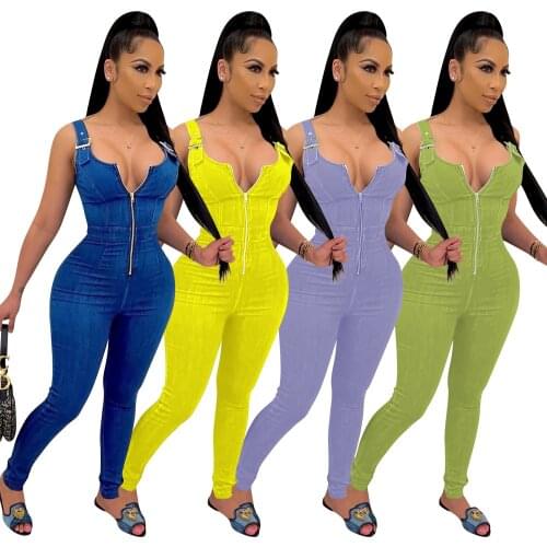 Womens Jumpsuit Fashion High Imitation Jeans Overalls Sleeveless Sexy Slim Pencil Long Trousers New Summer Casual Wear 2021