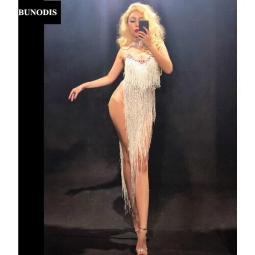 ZD293 Women Sexy Bodysuit Long Silver Tassel Sleeveless Sparkling Crystal Jumpsuit Celebrate Nightclub Party Stage Wear Costumes