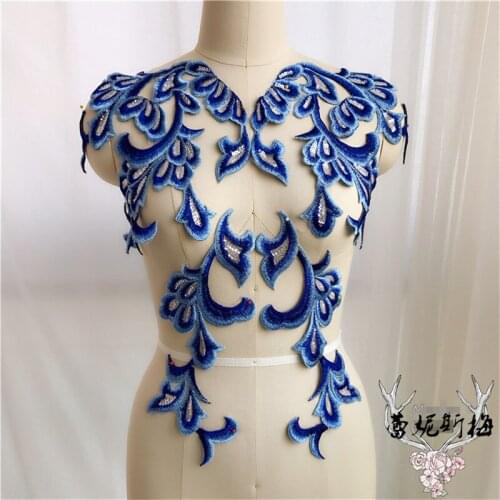 1set/4pcs Sequins 4Colours Lace Applique For Sewing in Lace Trim Patch Wedding Dress DIY Lace Accessories Red, Sapphire BD0546